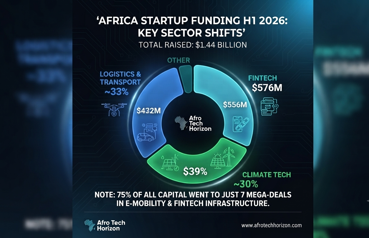 This infographic provides a clean, high-tech snapshot of the H1 2026 This infographic provides a clean, high-tech snapshot of the H1 2026 funding landscape, visualizing the dominance of Fintech, Logistics, and the explosive growth of Climate Tech.