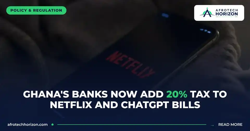 Smartphone showing the Netflix logo on a dark blanket, with a headline about Ghana's 20% tax on digital services