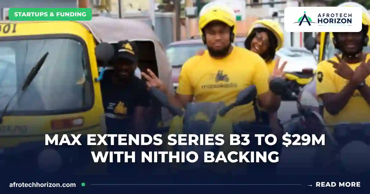MAX team members in yellow branded shirts and helmets posing beside a yellow tricycle and motorcycles on a Lagos street