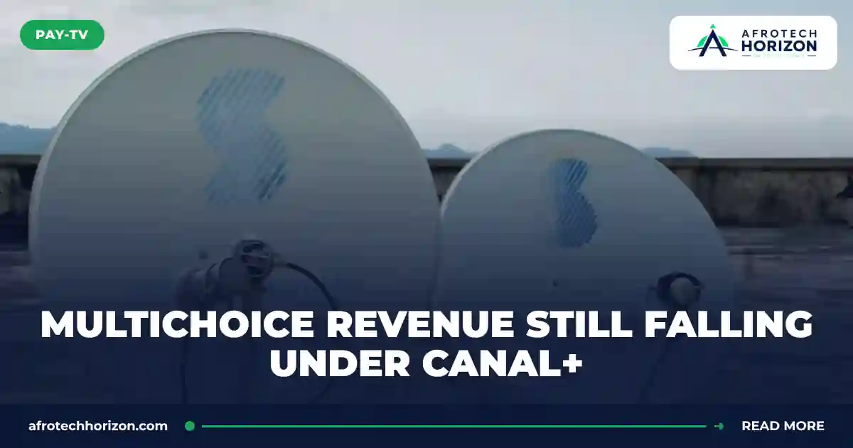 Two satellite TV dishes on a rooftop under a cloudy sky, with a green Pay-TV label and the Afrotech Horizon logo