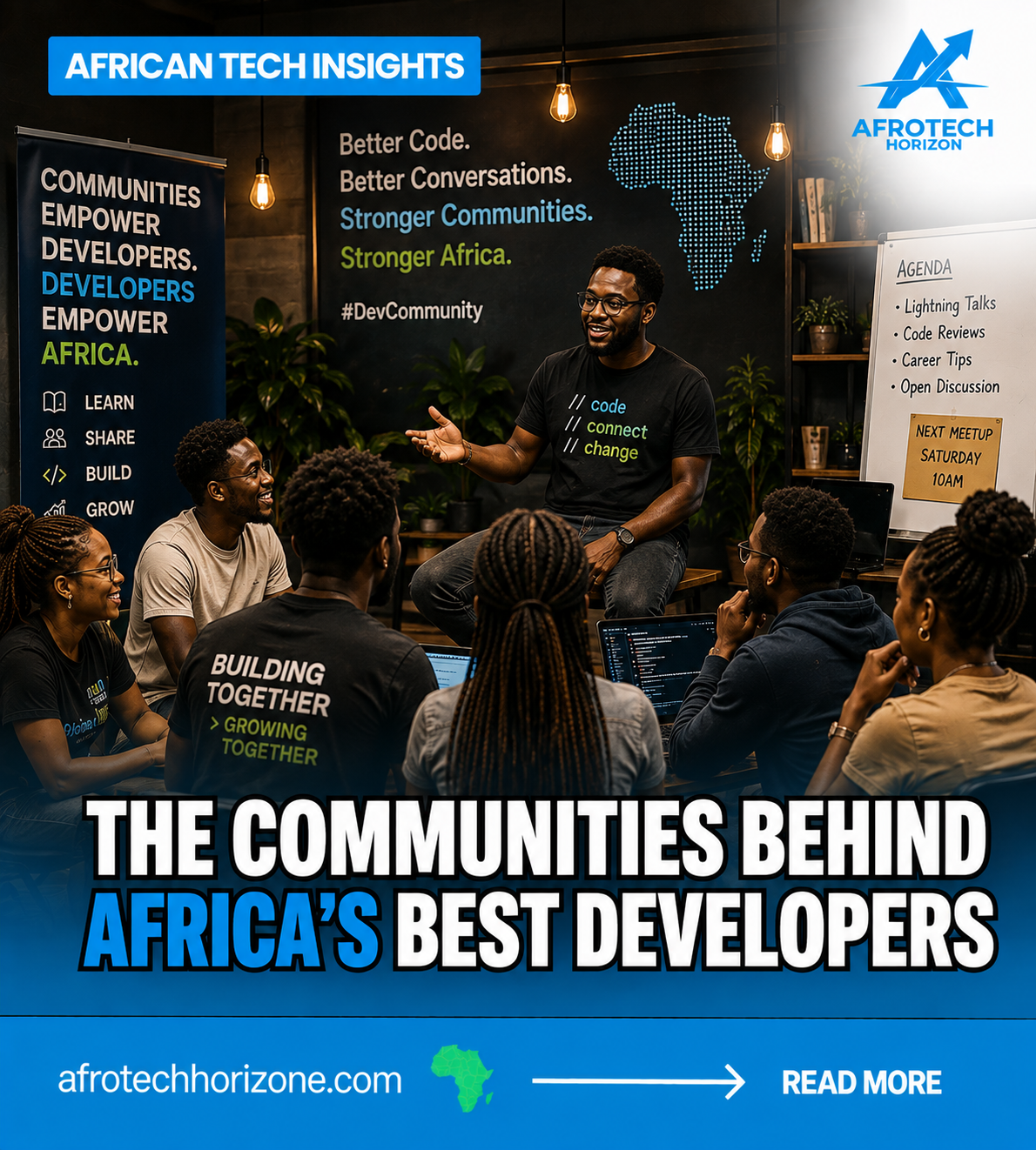 African software developers participating in a community tech meetup, where a mentor leads a discussion on coding, career growth, and collaboration, highlighting the vital role of