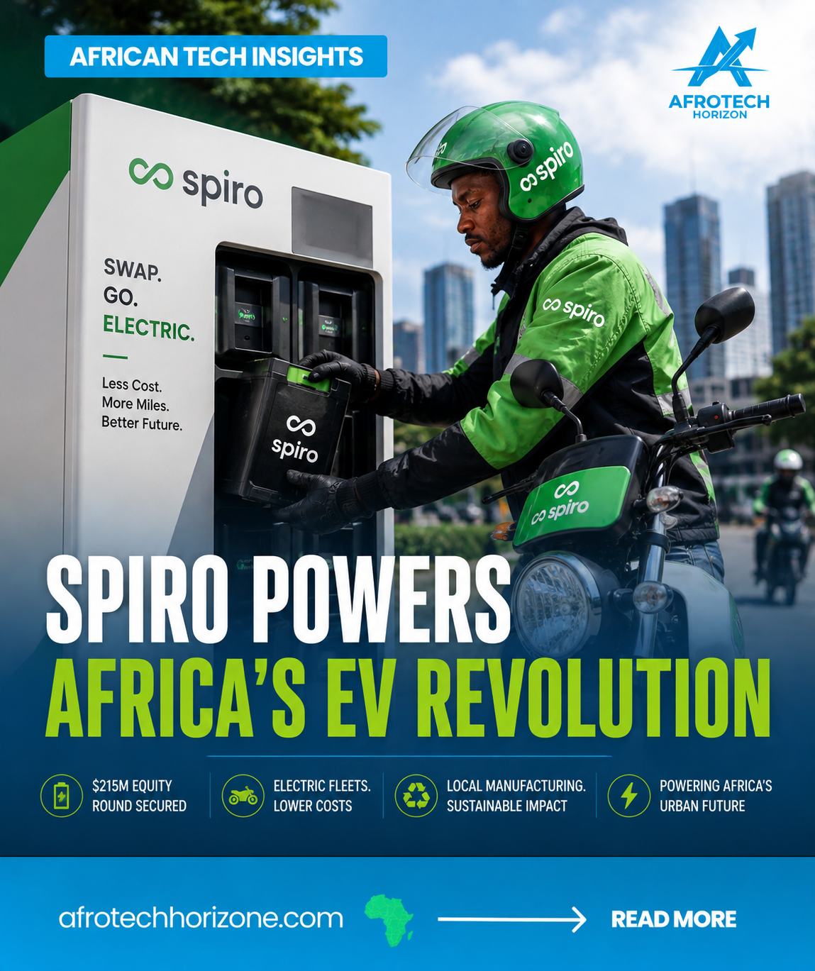 A commercial electric motorcycle rider swaps a depleted battery at a Spiro battery-swapping station, illustrating the company's $215 million investment to expand electric mobility