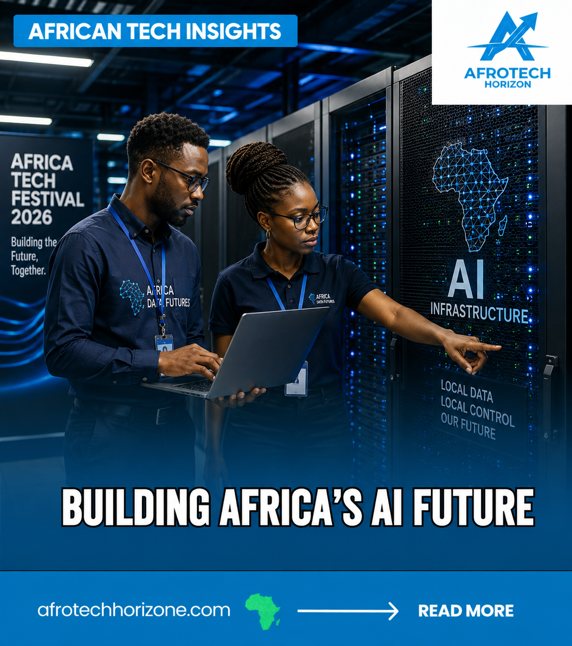 Engineers monitor a modern African data center showcasing the infrastructure powering sovereign AI and regional cloud computing.