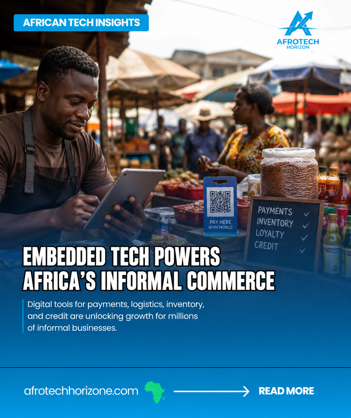African market vendor using digital technology to manage commerce and business operations.