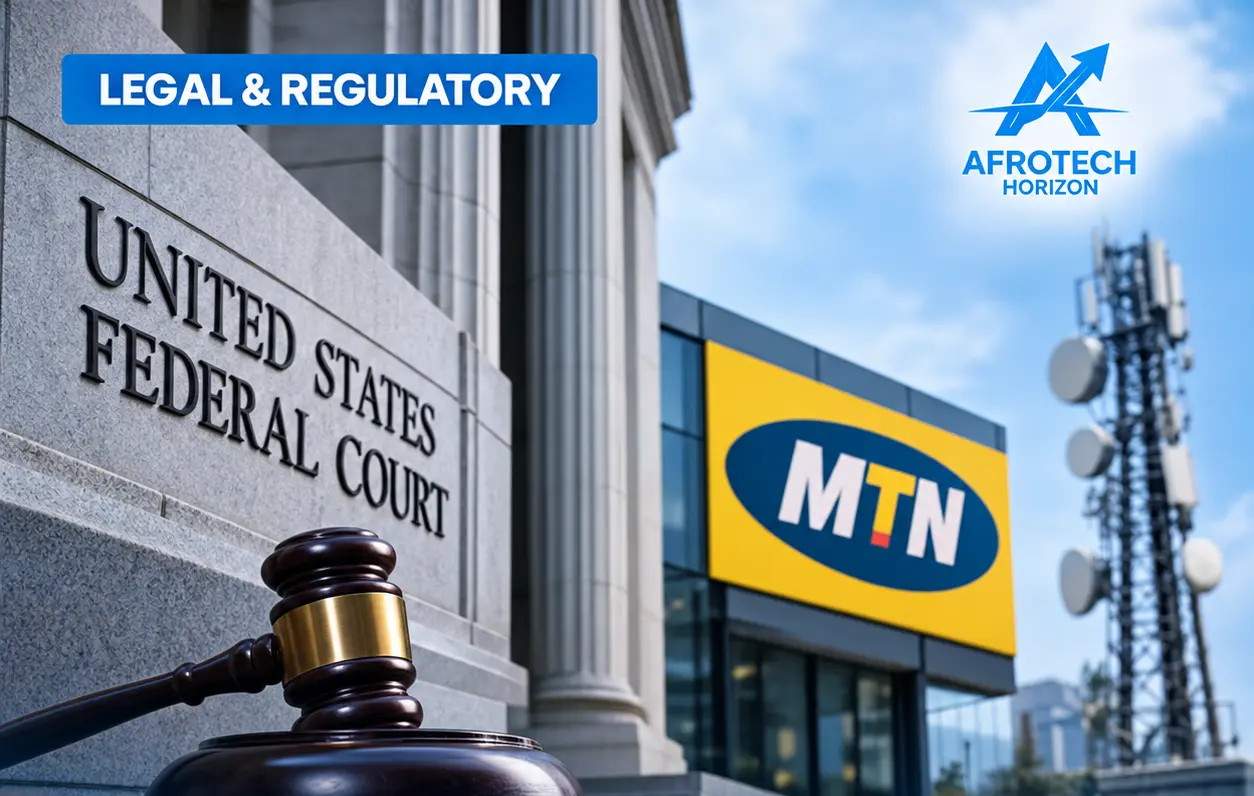 AfroTech Horizon static news graphic about MTN’s U.S. terrorism litigation, featuring a federal courthouse, judge’s gavel, MTN branding, and telecommunications tower with the headl