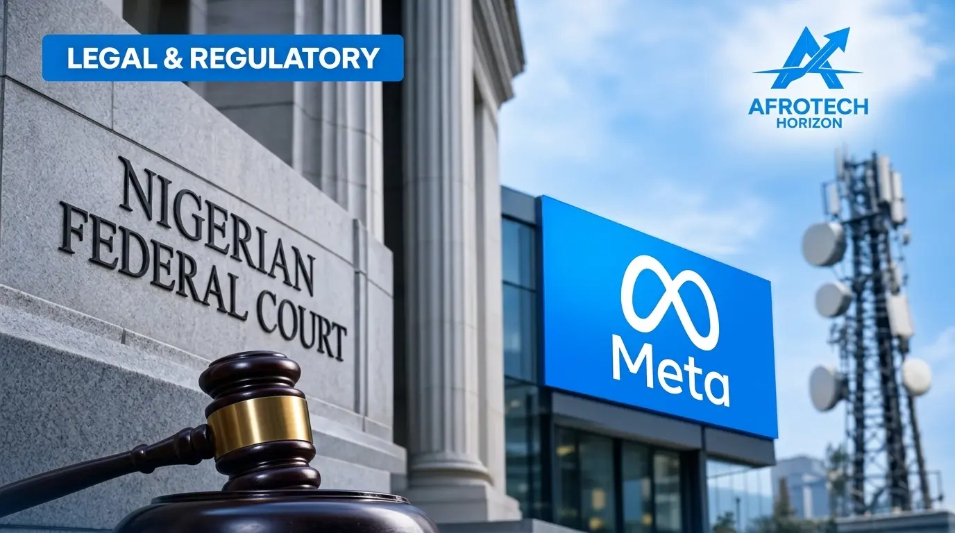 Wooden judge's gavel in front of a Nigerian court building next to a Meta sign, with an AfroTech Horizon logo.