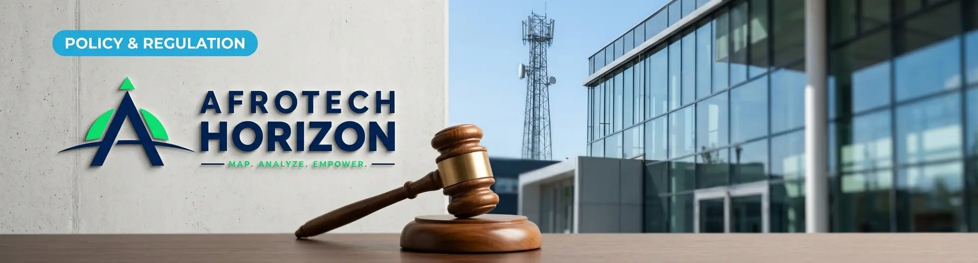 Gavel on desk, AfroTech Horizon logo and 'POLICY & REGULATION' badge on concrete wall, with modern courthouse and telecom tower background under clear sky.cite: 5