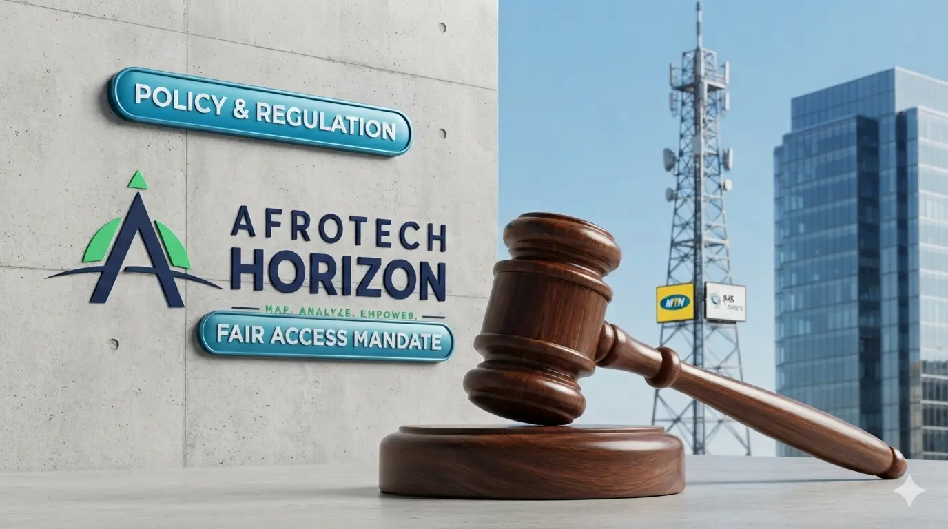 Gavel on desk, AfroTech Horizon logo and Policy & Regulation badge on concrete wall, with modern corporate building and telecom tower under clear sky.