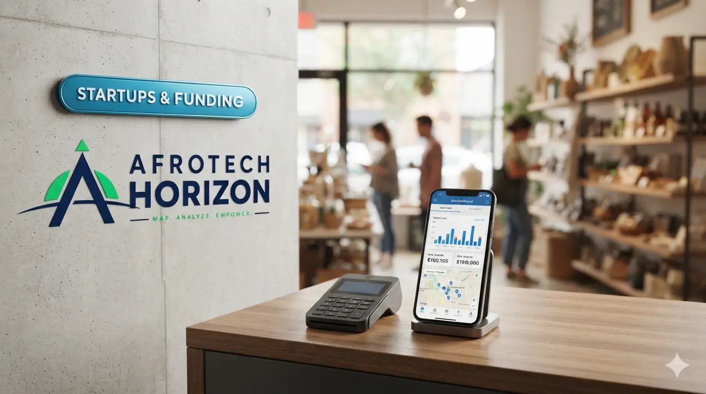 Wireless card reader on desk in front of AfroTech Horizon logo and 'STARTUPS & FUNDING' badge, with blurred retail store background.