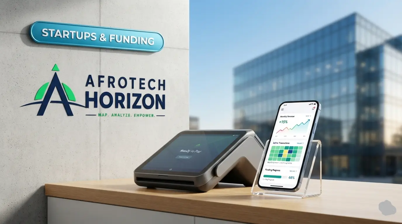 A digital payment POS terminal and financial charts in front of an AfroTech Horizon logo and 'STARTUPS & FUNDING' badge, with a corporate office in the background.