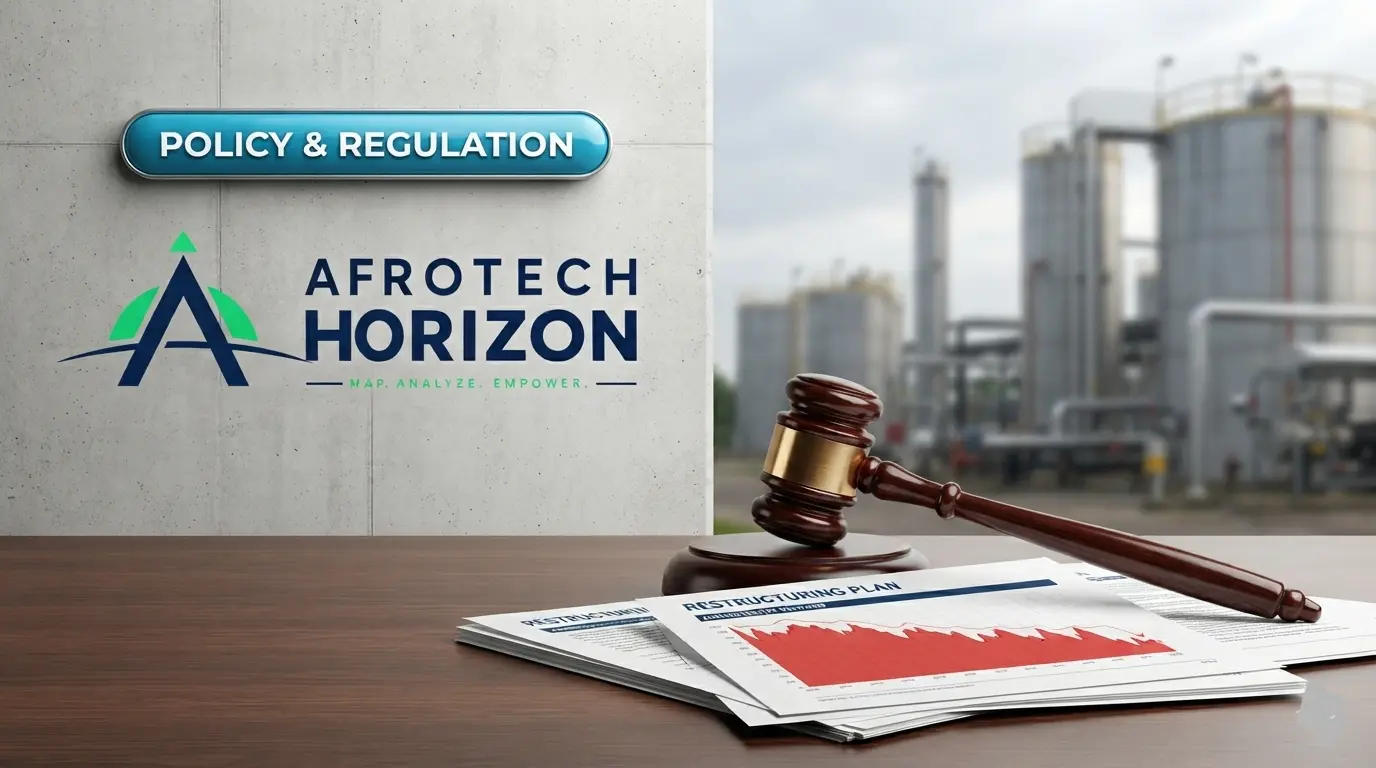 A wooden gavel and financial restructuring documents in front of an AfroTech Horizon logo and 'POLICY & REGULATION' badge, with an industrial fuel storage facility in the backgroun