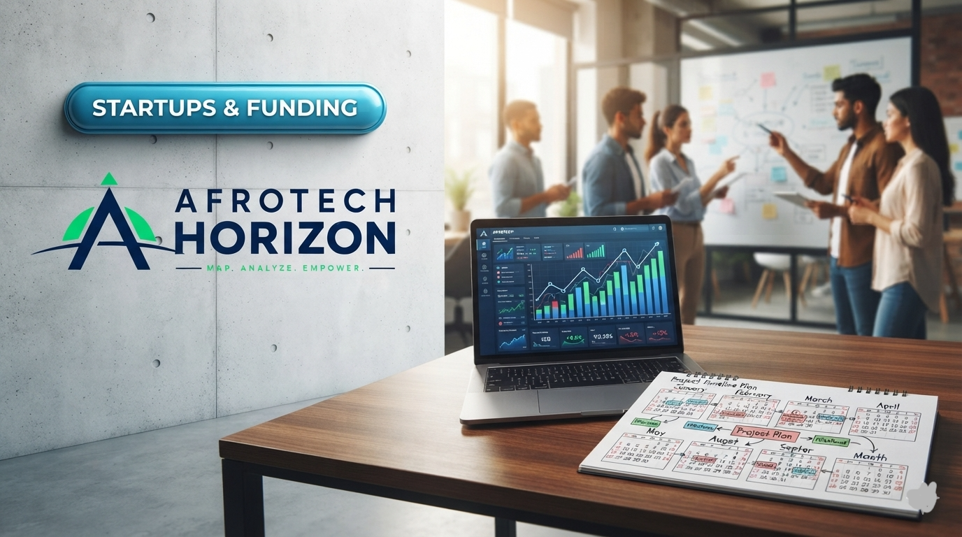A laptop with financial charts and a project calendar in front of an AfroTech Horizon logo and 'STARTUPS & FUNDING' badge, with a collaborative office background.