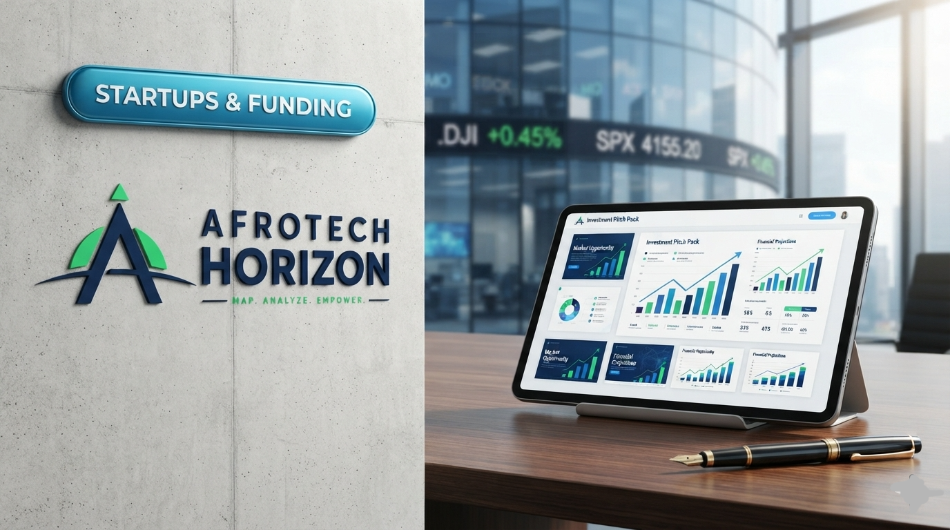 A tablet displaying pitch layouts and growth charts in front of an AfroTech Horizon logo and 'STARTUPS & FUNDING' badge, with a financial building background.