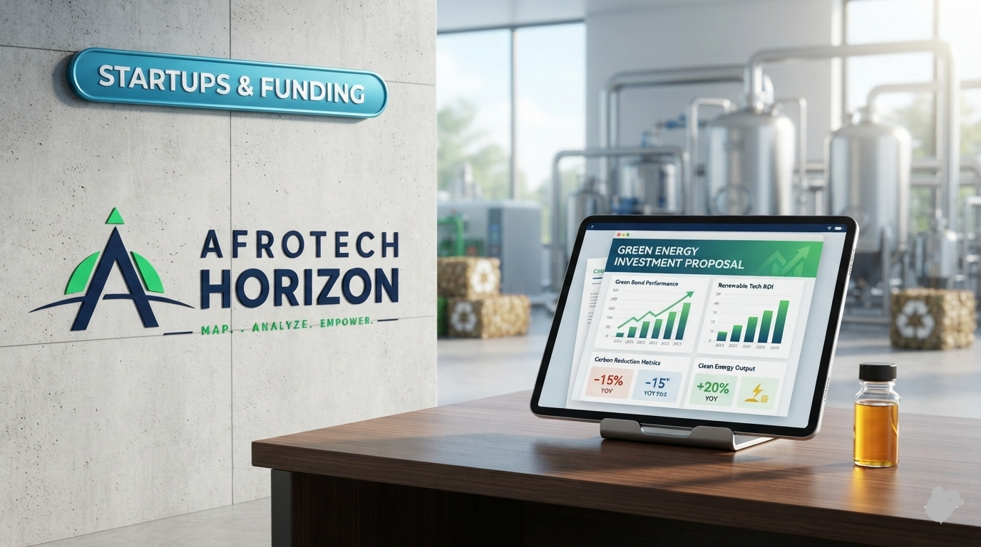 A tablet displaying investment metrics and a vial of biofuel in front of an AfroTech Horizon logo and 'STARTUPS & FUNDING' badge, with a clean energy processing plant in the backgr