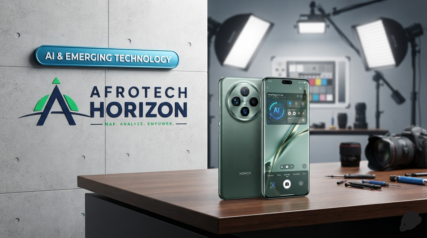 An Honor Magic9 Pro Max smartphone resting on a desk in front of an AfroTech Horizon logo and 'AI & EMERGING TECHNOLOGY' badge, with a studio background.