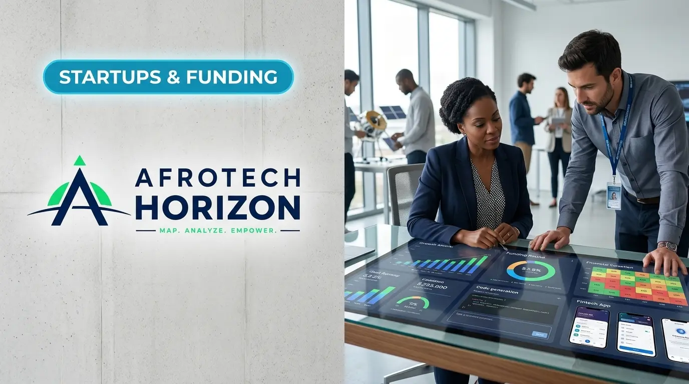 ditorial portrait of a venture investor and tech founder reviewing AI prompt interfaces and deal metrics in a modern office, alongside the AfroTech Horizon logo and 'STARTUPS & FUN