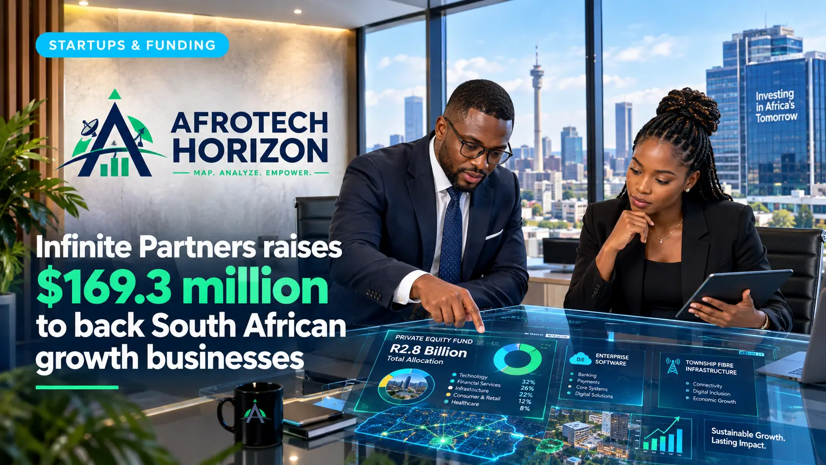 Editorial portrait of Infinite Partners CEO Edward Pitsi and an analyst reviewing private equity fund allocations and fintech software metrics in front of an AfroTech Horizon logo