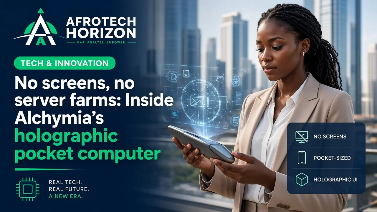 Editorial portrait of Alchymia founder Ayomide Daniels and a hardware engineer examining a screenless AI pocket computer in front of an AfroTech Horizon logo and 'AI & EMERGING TEC