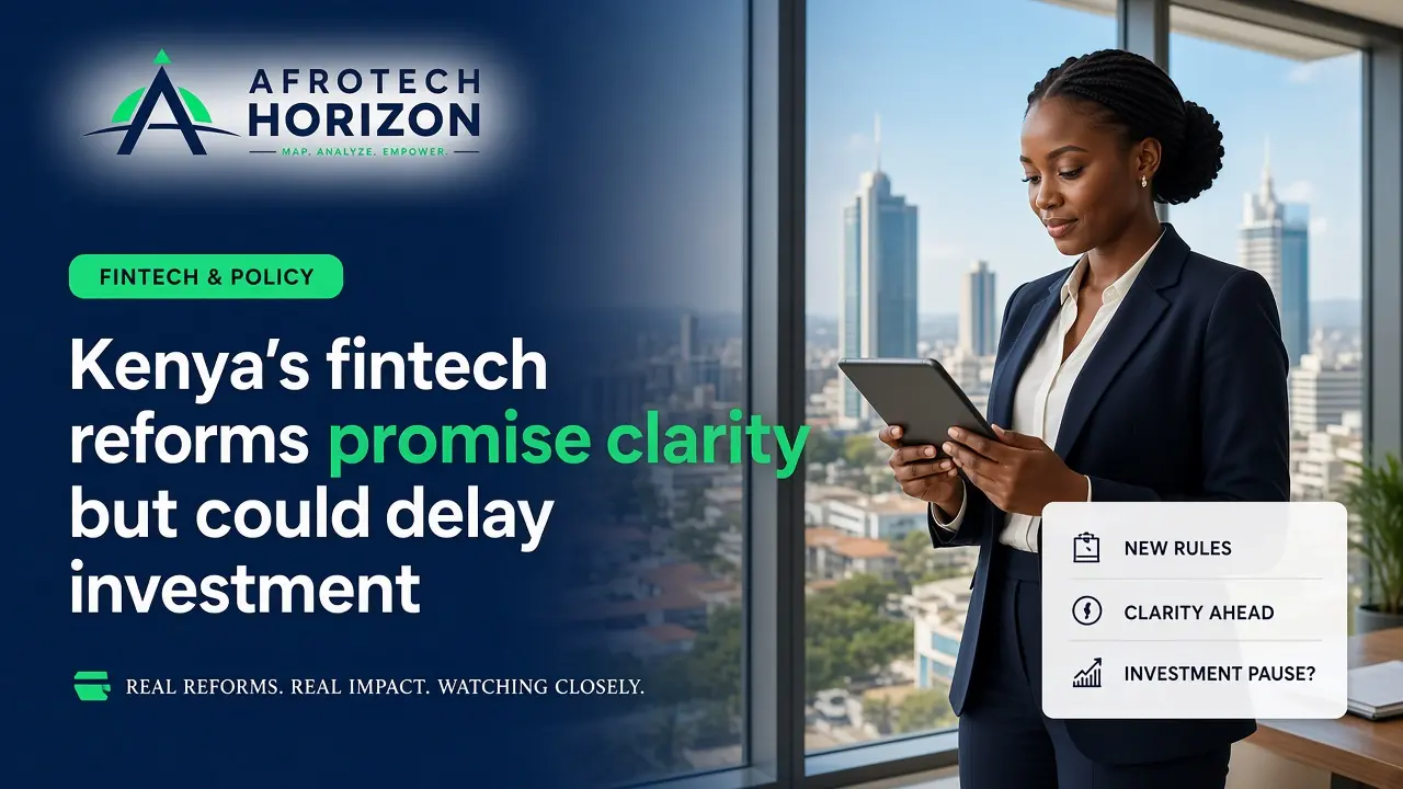 Editorial portrait of a Central Bank regulator and venture investor reviewing payment investment compliance charts in front of an AfroTech Horizon logo and 'POLICY & REGULATION' ba