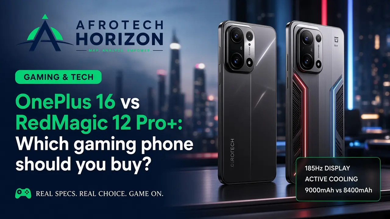 Editorial portrait of a mobile tech analyst and hardware engineer reviewing smartphone gaming specs and payment flows in front of an AfroTech Horizon logo and 'AI & EMERGING TECHNO