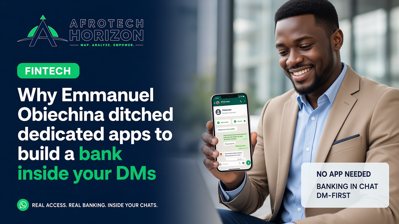 Editorial portrait of Kure founder Emmanuel Obiechina and a software engineer reviewing conversational banking metrics and payment flows in front of an AfroTech Horizon logo and 'S