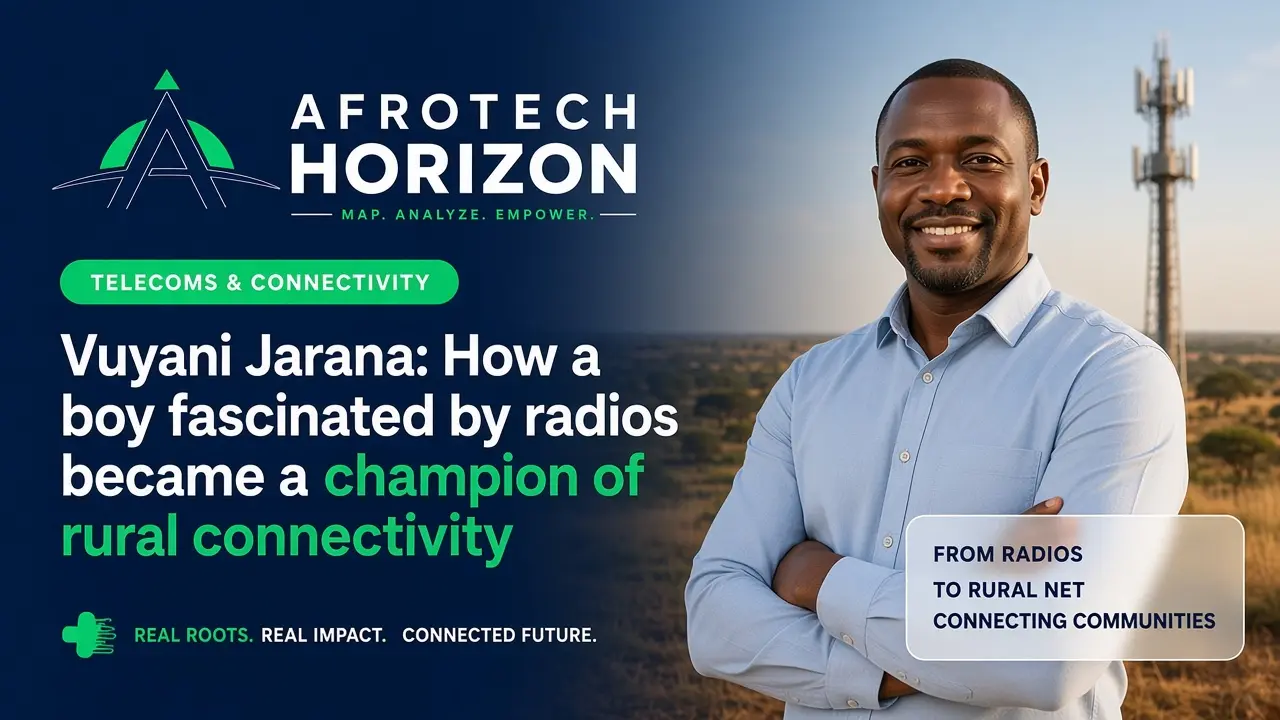 Editorial portrait of Ilitha Telecommunications executive Vuyani Jarana and a network engineer examining broadband coverage maps and payment flows in front of an AfroTech Horizon l