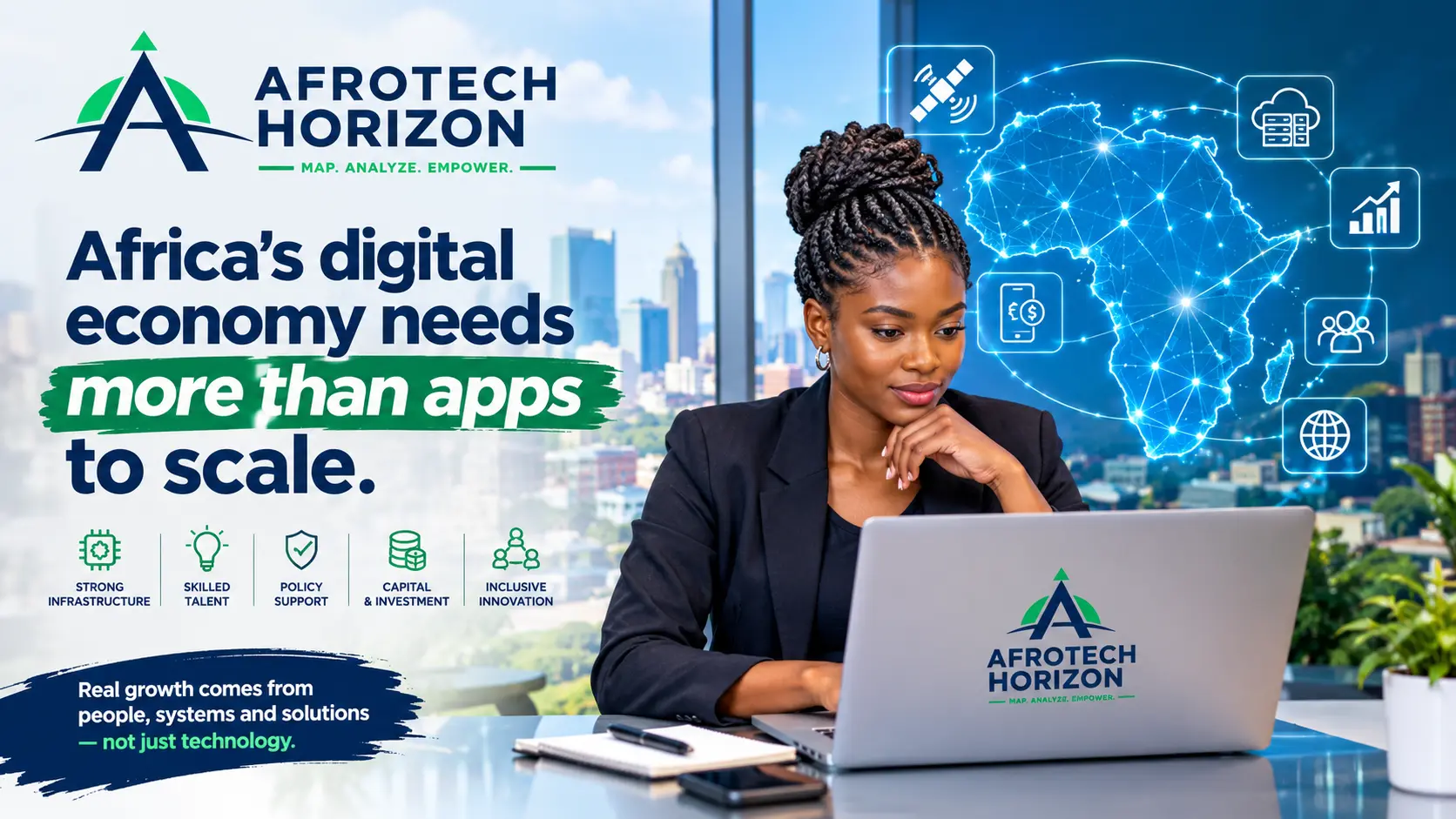 Editorial portrait of an infrastructure strategist and systems architect examining data centre metrics and network maps in front of an AfroTech Horizon logo and 'INFRASTRUCTURE' ba