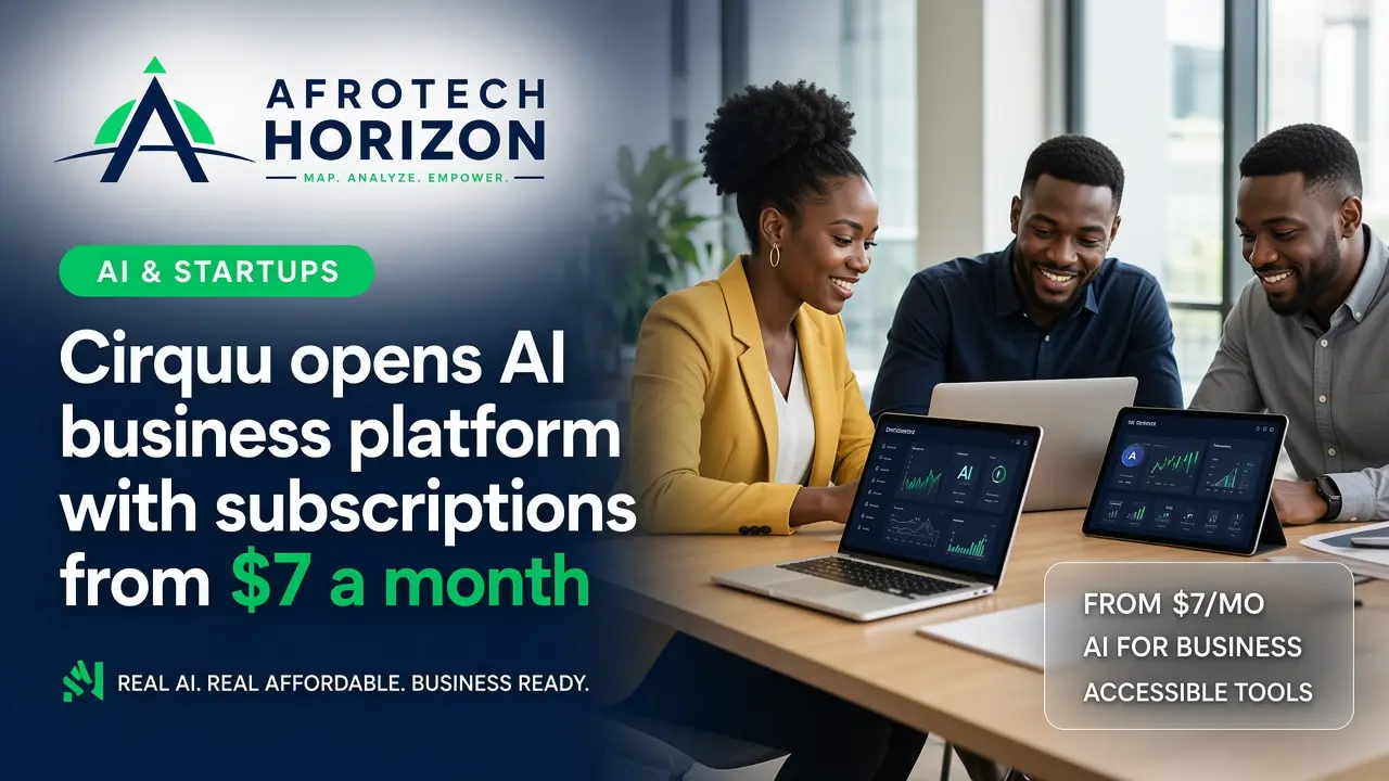 Editorial portrait of Cirquu founder Michael Njoku and a software engineer examining AI business management tools and payment flows in front of an AfroTech Horizon logo and 'AI & E