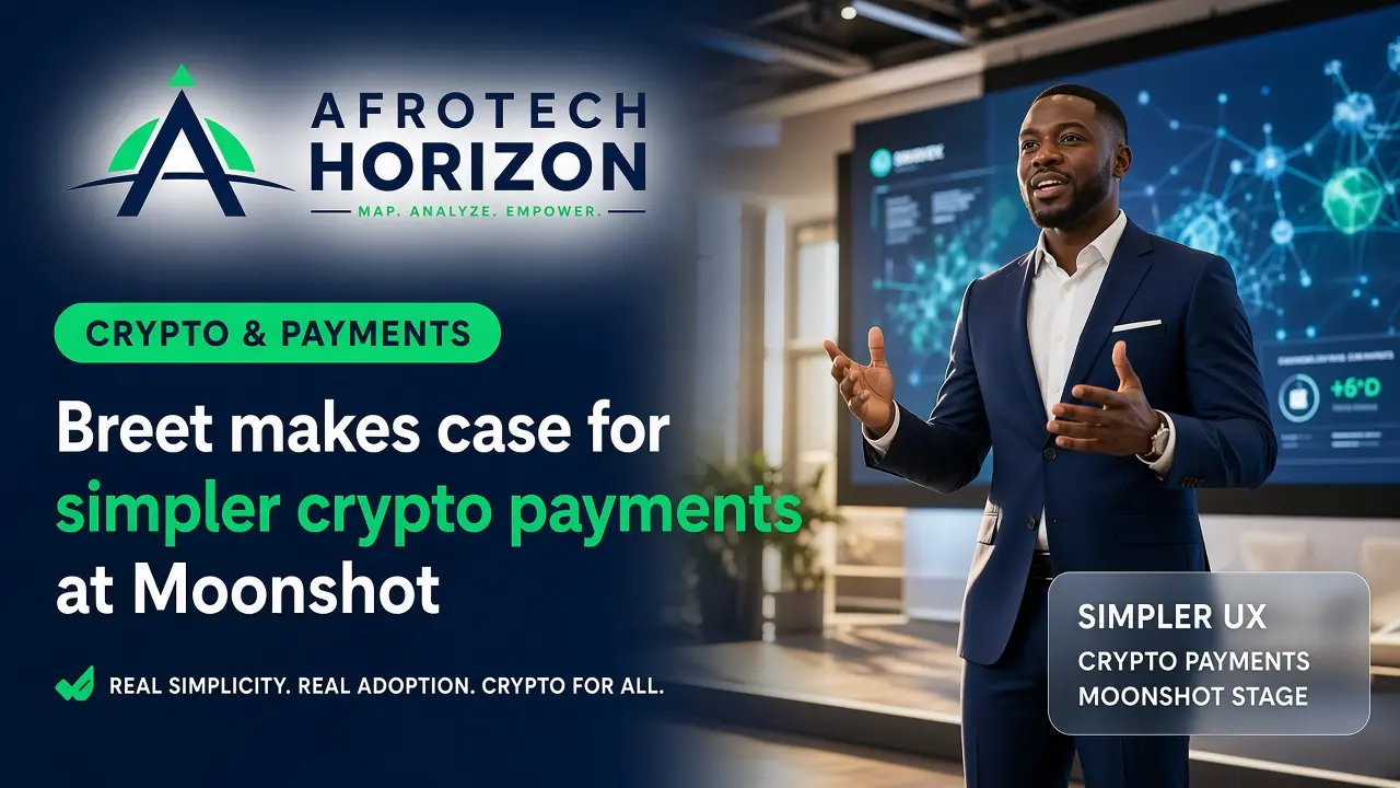 Editorial portrait of Breet COO Vivian Mbene and a systems developer examining crypto payment API workflows in front of an AfroTech Horizon logo and 'INFRASTRUCTURE' badge.