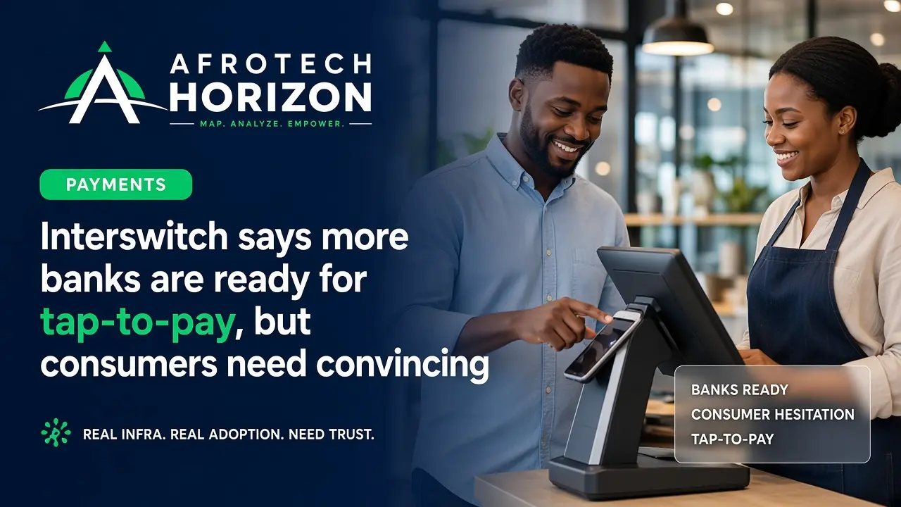Editorial portrait of Interswitch executives and payment specialists examining contactless transaction metrics and point-of-sale terminal networks in front of an AfroTech Horizon l